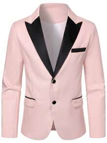 Calvornis Men's Contrast Color Lapel Jacket & Pants Suit Set - Baby Pink - View 5
