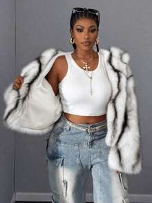 Maweii Women's Plus Size Cute Playful Elegant Fuzzy Long Sleeve Hooded Vertical Striped Design Short Jacket Party Birthday Christmas New Year Outing Home Faux Fur Coat - White - View 5