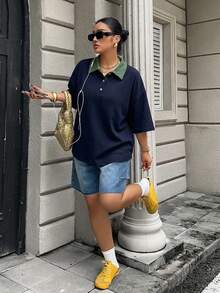 Dazy Plus 女款大尺碼拼色拼接條紋寬鬆 Polo 領中袖休閒夏季 T-shirt - 藏蓝色 - 查看 3