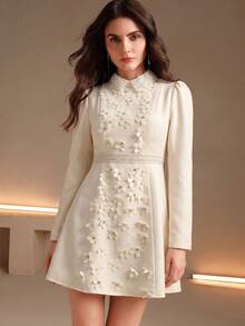 Anewsta Autumn/Winter Gentle French Style 3D Floral Beaded Cream White Short Dress - Apricot - View 6