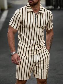 Manfinity CasualCool 男士夏季休閒度假通勤紋理布料短袖 Polo 衫，抽繩收腰 S 號 - 彩色 - 查看 6