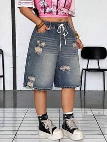 Jeanoix Y2K Casual Plus Size Women's Non-Stretch Denim Shorts, Elastic Waist Design, Distressed Washed Ripped High Street Bermuda Cowboy Outfits Blue Summer - Light Wash - View 4