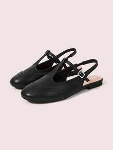 CUCCOO DOLLMOD Sandal Wanita, Gesper T Berukir, Ujung Bulat, Hak Datar, Gaya Retro, Cocok untuk Aktivitas Sehari-hari, Komuter, dan Kencan. - Hitam - View 2