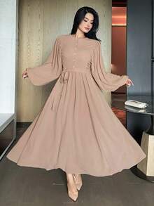 Dazy Plus Elegant Solid Color Round Neck Ruched Waist Lantern Sleeve Khaki Mid-Length Dress, Spring Summer Autumn New - Khaki - View 8