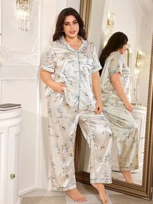 MuseNap CURVE Butterfly Floral Print Satin Shirt Style Plus Size Pajama Set - White - View 2