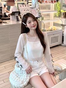 Bijouette 大尺碼女款時尚休閒優雅浪漫度假日常極簡圓領半透網紗上衣 - 白色 - 查看 15