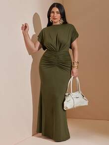 SHEIN BAE CURVE Plus Size Women's Green Pleated Fitted Elegant Long Dress - Army Green - View 1