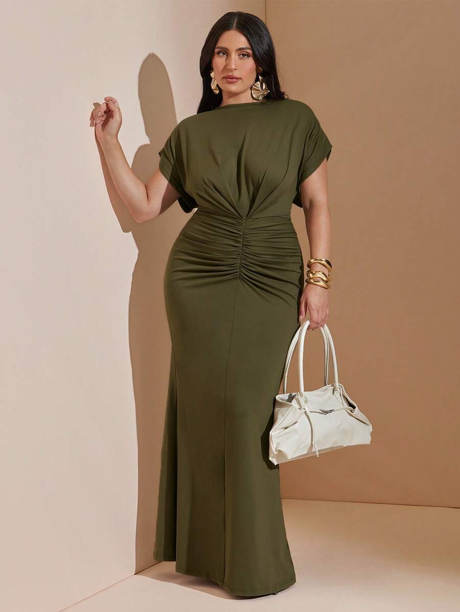SHEIN BAE CURVE Plus Size Women's Green Pleated Fitted Elegant Long Dress - Army Green - View 1