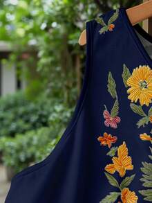 EMERY ROSE 大尺碼女款仿刺繡印花圓領無袖洋裝，舒適度假洋裝 - 彩色 - 查看 4