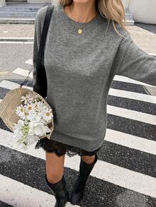 Serisse Women's Vintage Casual Elegant Lace Patchwork Hem Round Neck Sweater Dress For Vacation Brunch Dark Gray Autumn - Grey - View 5