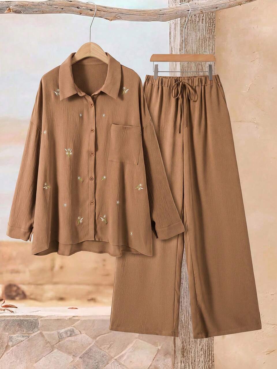 Plus Size Women's Embroidered High Neck Drop Shoulder Long Sleeve Top Wide Leg Pants 2pcs Set Casual Daily Winter Fall Fashion 2026