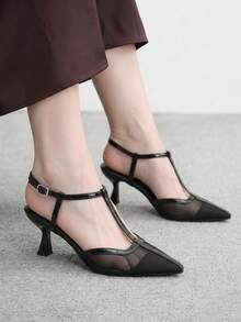 CUCCOO BIZCHIC 法式復古尖頭網布T字帶扣小貓跟女鞋 氣質百搭通勤女高跟鞋 - 黑色 - 查看 4