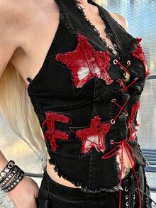 Street Life ROMWE X Lorella Streetwear Slogan Embroidered Contrast Color Distressed Halter Denim Top - Black - View 5