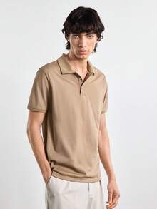 Merionis Camisa Polo Masculina Cáqui com Botões e Meia-Abertura de Manga Curta - Caqui - Visão 5