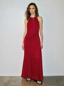 MOTF PREMIUM URBAN SATIN CHIFFON PATCHWORK FITTED DRESS SPRING/SUMMER - Red - View 5