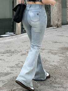 Dazy Plus Light Wash Vintage Stretch Skinny Flare Leg Jeans, Versatile Long Denim Pants Fall - Light Wash - View 1