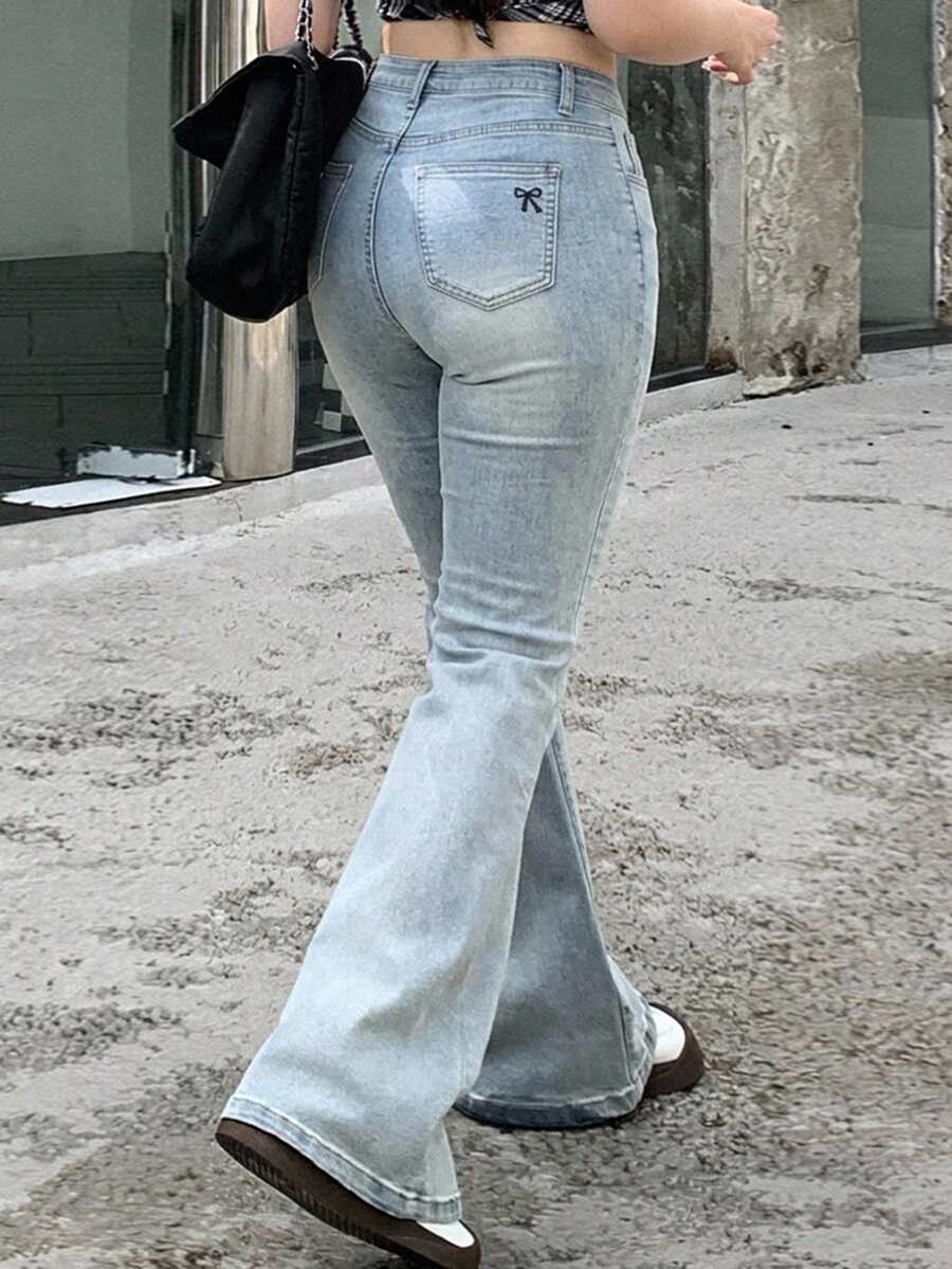 Dazy Plus Light Wash Vintage Stretch Skinny Flare Leg Jeans, Versatile Long Denim Pants Fall - Light Wash - View 1