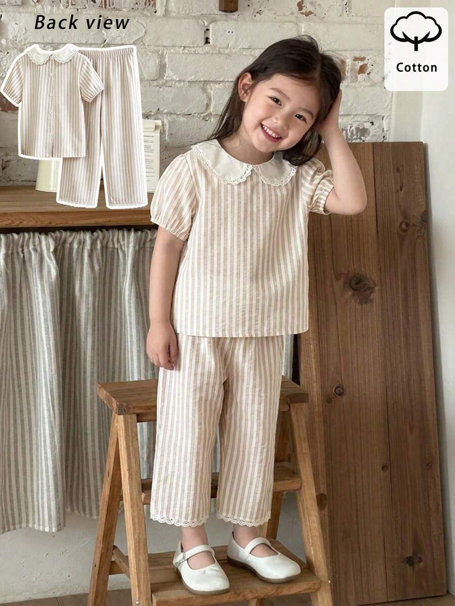 Elladie kids 女童蕾絲拼接彼得潘領條紋短袖上衣搭配同款長褲,可愛甜美風,簡約時尚百搭舒適,適合外出、購物、旅行、散步,秋季開學季新款女童短袖兩件套 - 卡其色 - 查看 1