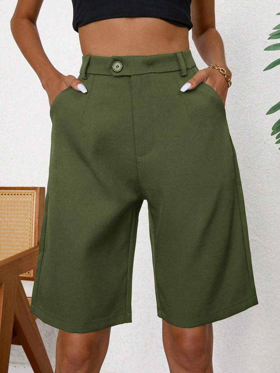 Aveloria Modichic Pantalones cortos tipo bermuda con bolsillos inclinados - Verde militar - Ver 1