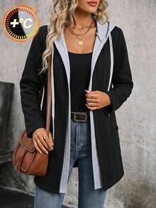 EMERY ROSE Plus Size Women's Color Block Hooded Zip Up Long Sleeve Contrast Trim Pocket Mid-Length Jacket Outerwear Autumn Coat Fashion 2026 Concert Black Baggy - Multicolor - View 2