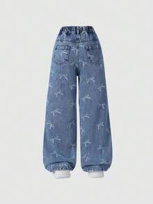 SHEIN Elladie kids 少女Y2K风格牛仔裤 - 复古浅色水洗牛仔布，蝴蝶结印花，宽松直筒版型，舒适柔软面料，街头风，宽松牛仔裤，Y2K阔腿牛仔裤，印花牛仔裤，秋冬款 - 淺色水洗藍 - 查看 2