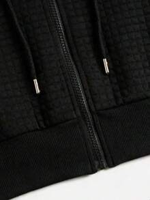 SHEIN Unity Solid Waffle Knit Zip Up Crop Hoodie,Casual Drop Shoulder Drawstring Hooded Thermal Jacket,Black Waffle Textured Cropped Hoodie. - Black - View 3