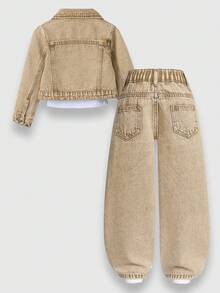 SHEIN ChillGRL Young Girls Denim Two Pieces Outfits 2025 Spring/ Fresh Floral Towel Embroidery Medium Blue Washed Set, Short Jacket + Loose Wide-Leg Pants, Cowgirl - Khaki - View 2