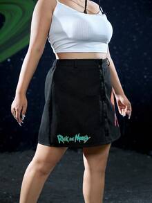 Rick and Morty X SHEIN Talla grande Falda con estampado de mariposa con botón delantero - Negro - Ver 7