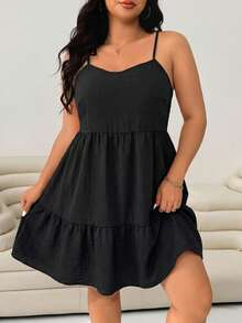 SHEIN EZwear Plus Size Women's Casual Black Ruffle Hem Spaghetti Strap Dress - Black - View 4