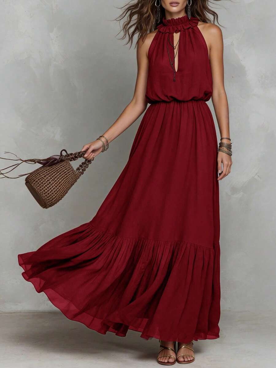 Solivie Damen Sommer Romantisch Boho Elegant Kleid Für Urlaub Brunch Burgunderrot - Bordeaux - Übersicht 1