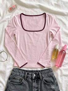 SHEIN Tween Girl Simple Contrast Color Square Neck Long Sleeve T-Shirt For Weekend Outings - Pink - View 1