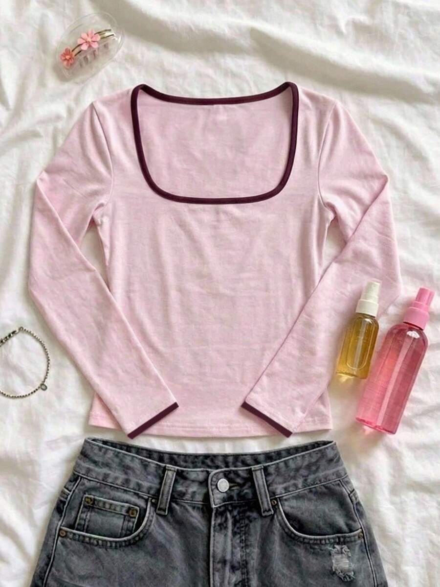 SHEIN Tween Girl Simple Contrast Color Square Neck Long Sleeve T-Shirt For Weekend Outings - Pink - View 1