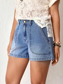 EMERY ROSE Plus Size Women's Casual Baggy Business Denim Shorts Pockets Dates Vacation Navy Blue Summer Formal - Blue - View 4