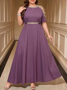 Reflora Plus Size Fashion Cinched Waist Rhinestone Embellished Off-Shoulder Dress - Multicolor - View 9