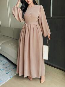 Dazy Plus Elegant Solid Color Round Neck Ruched Waist Lantern Sleeve Khaki Mid-Length Dress, Spring Summer Autumn New - Khaki - View 5