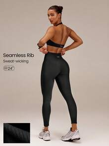 GLOWMODE 24" Ultrafine Soft Seamless Train Hard Glow Harder High Waist Ribbed Knit Training Leggings Workout Gym Fitness Active Wear - Black - View 1