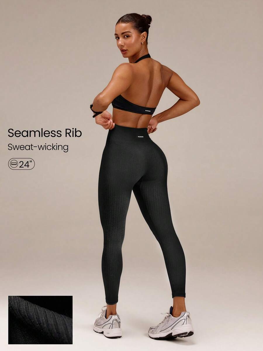 GLOWMODE 24" Ultrafine Soft Seamless Train Hard Glow Harder High Waist Ribbed Knit Training Leggings Workout Gym Fitness Active Wear - Black - View 1