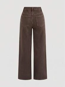 SHEIN Girlism 青少年女孩休閒日常牛仔褲，附口袋與鈕扣設計 - 棕色 - 查看 2