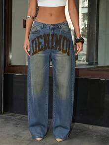 Denimoi Denim Verbiage Washed Straight Leg Jeans Fashionable Streetwear Statement Jeans Washed Jeans - Medium Wash - View 2