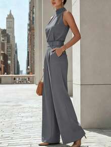 Zovinel Casual Versatile Halter Neck Tank Top And Pleated Pocket Wide Leg Long Pants 2 Pieces Set - Grey - View 3