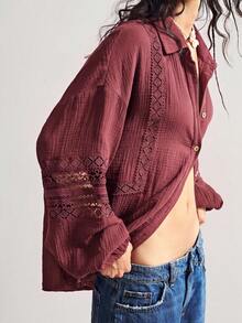 Bohemela 女款蕾絲拼接休閒百搭日常襯衫 - 咖啡棕 - 查看 5