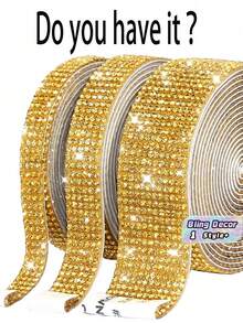1PC SelfAdhesive Crystal Rhinestone Diamond Ribbon Bling For Christmas Wedding Party Decor Crafts Gift Wrap Car Computer Makeup Table - Size 1 gold - View 1
