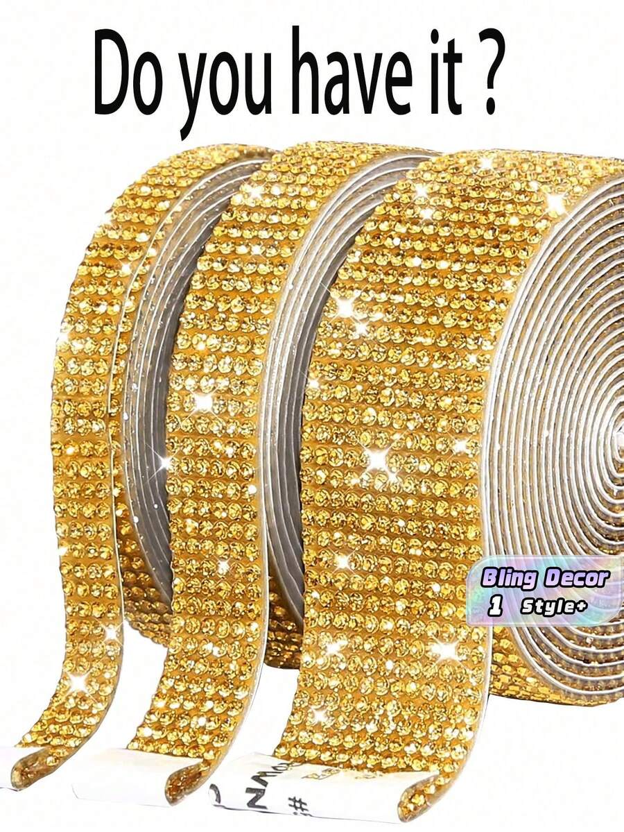 1PC SelfAdhesive Crystal Rhinestone Diamond Ribbon Bling For Christmas Wedding Party Decor Crafts Gift Wrap Car Computer Makeup Table - Size 1 gold - View 1