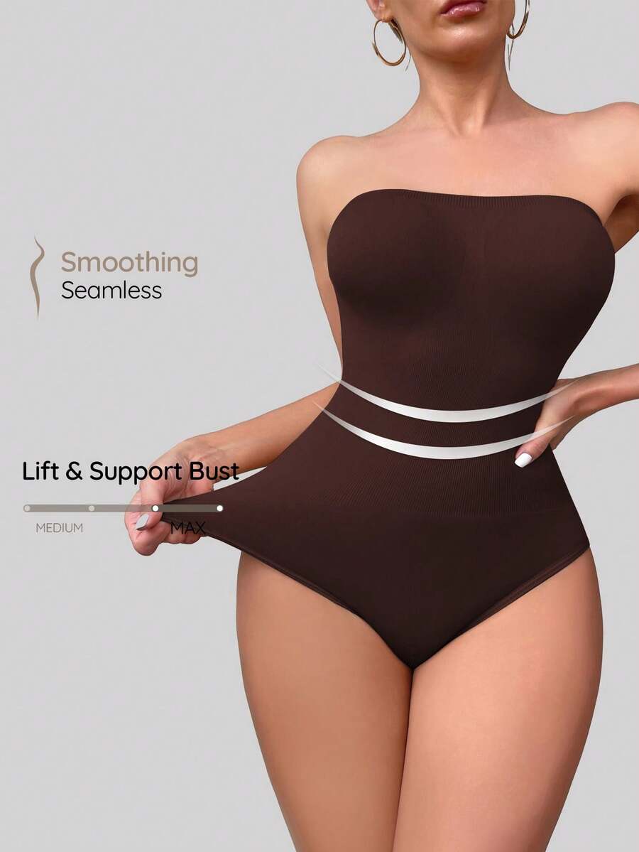 SHAPORA 1件女款純色無縫抹胸連身塑身衣 - 棕色 - 查看 1