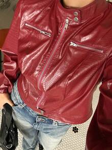 Muchica Plus Size Women Solid Color PU Leather Zipper Fashion Versatile Daily Casual Long Sleeve Jacket Winter - Red - View 2