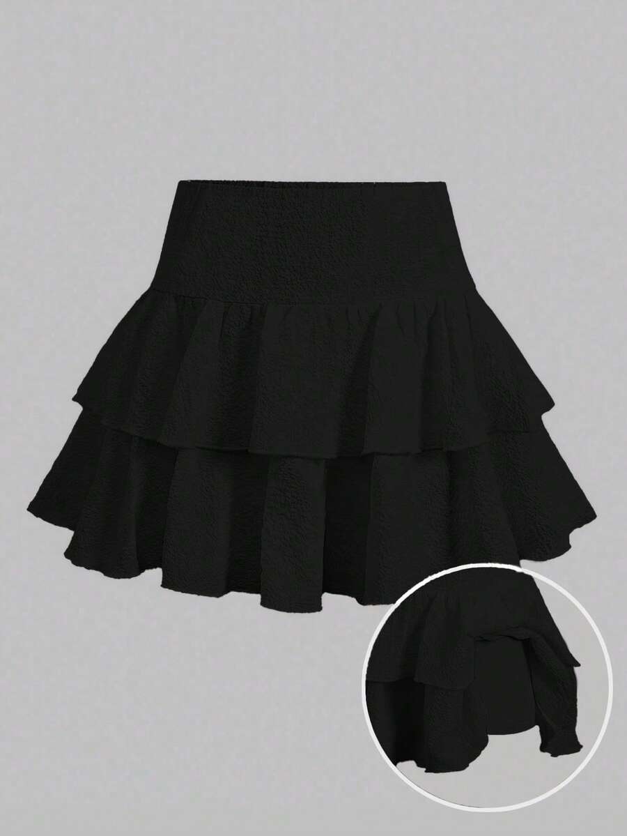 SHEIN Girlism 青少年女孩休閒度假風白色紋理內建內搭褲雙層荷葉邊蛋糕迷你裙 - 黑色 - 查看 1