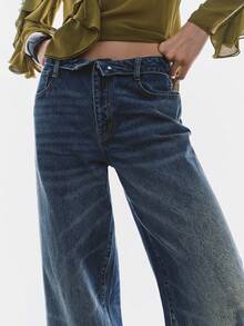 URBAN LOW-WAIST FOLDED WAIST WIDE LEG LONG DENIM JEANS - Blue - View 6