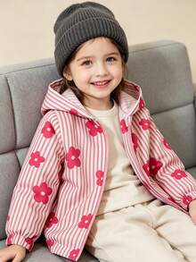 SHEIN Elladie kids 女童條紋花卉印花連帽休閒日常長袖外套 - 粉色 - 查看 14