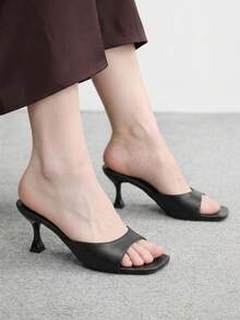 CUCCOO BIZCHIC 女款方頭低跟拖鞋，氣質露趾涼鞋，日常休閒通勤鞋款高跟設計 - 黑色 - 查看 5