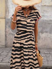 Brillora Spring/Summer Vacation V-Neck Half-Button Textured Fabric Women's Short Sleeve Loose Fit Dress Beach Brown Zebra Print Bell Bottom Boho Tropical - Apricot - View 3